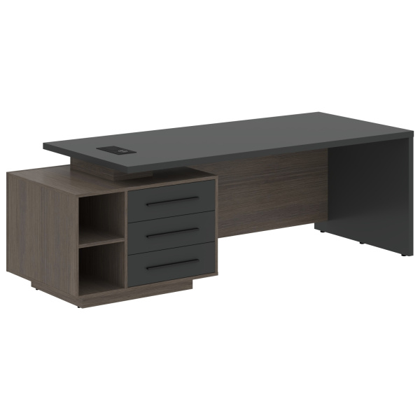 Стол руководителя с тумбой VCT 2390(L) Яшма черный/Черный матовый/Дуб Сильвер 2300х900х750 VELION