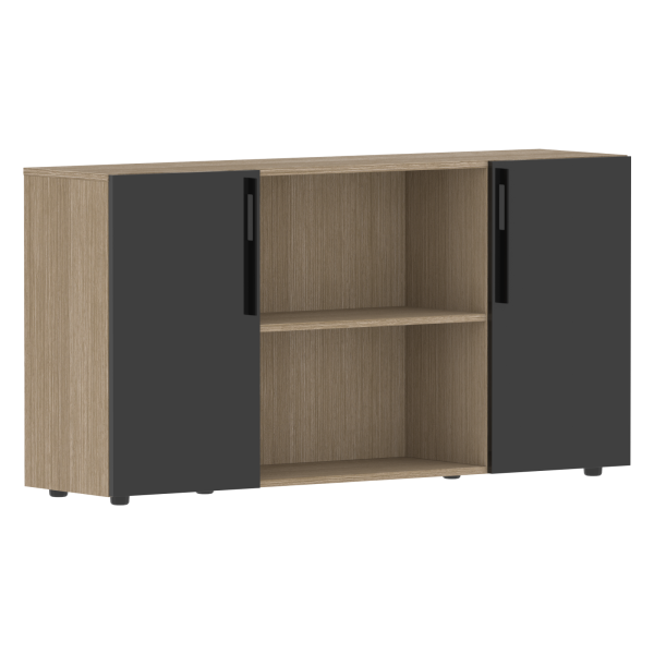 Шкаф с двумя дверями и открытой полкой СП-064-25-22 Черный глянец/Дуб Натуральный 1600х450х800 KANON